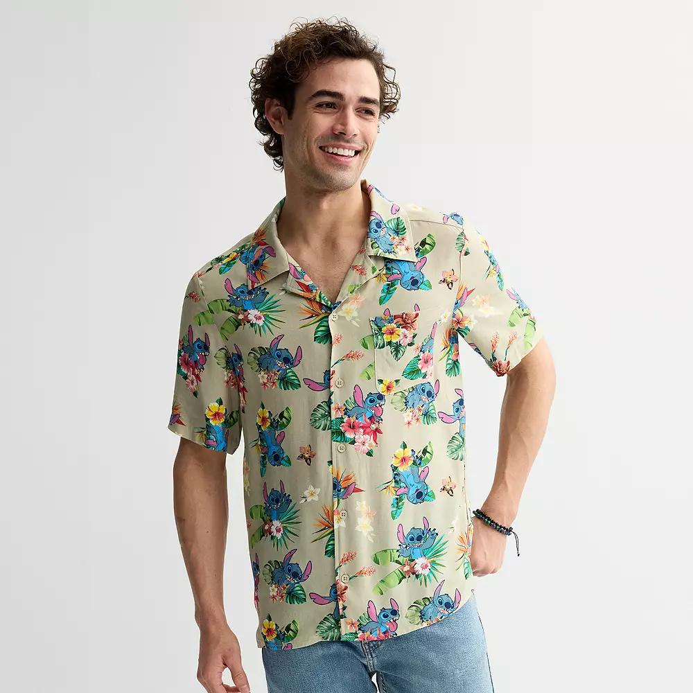Disney's Lilo & Stitch Men's Tropical Button Down Short Sleeve Shirt, Size: Large, Brown Product Image