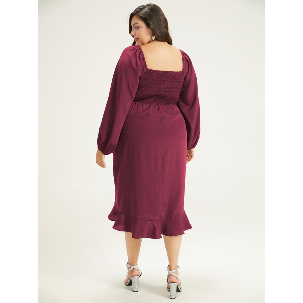 Plus Size Anti-Wrinkle Square Neck Ruffle Trim Wrap Hem Dress Burgundy Women Glamour Elastic cuffs Square Neck Long Sleeve Curvy Midi Dress BloomChic 22-24/3X Product Image