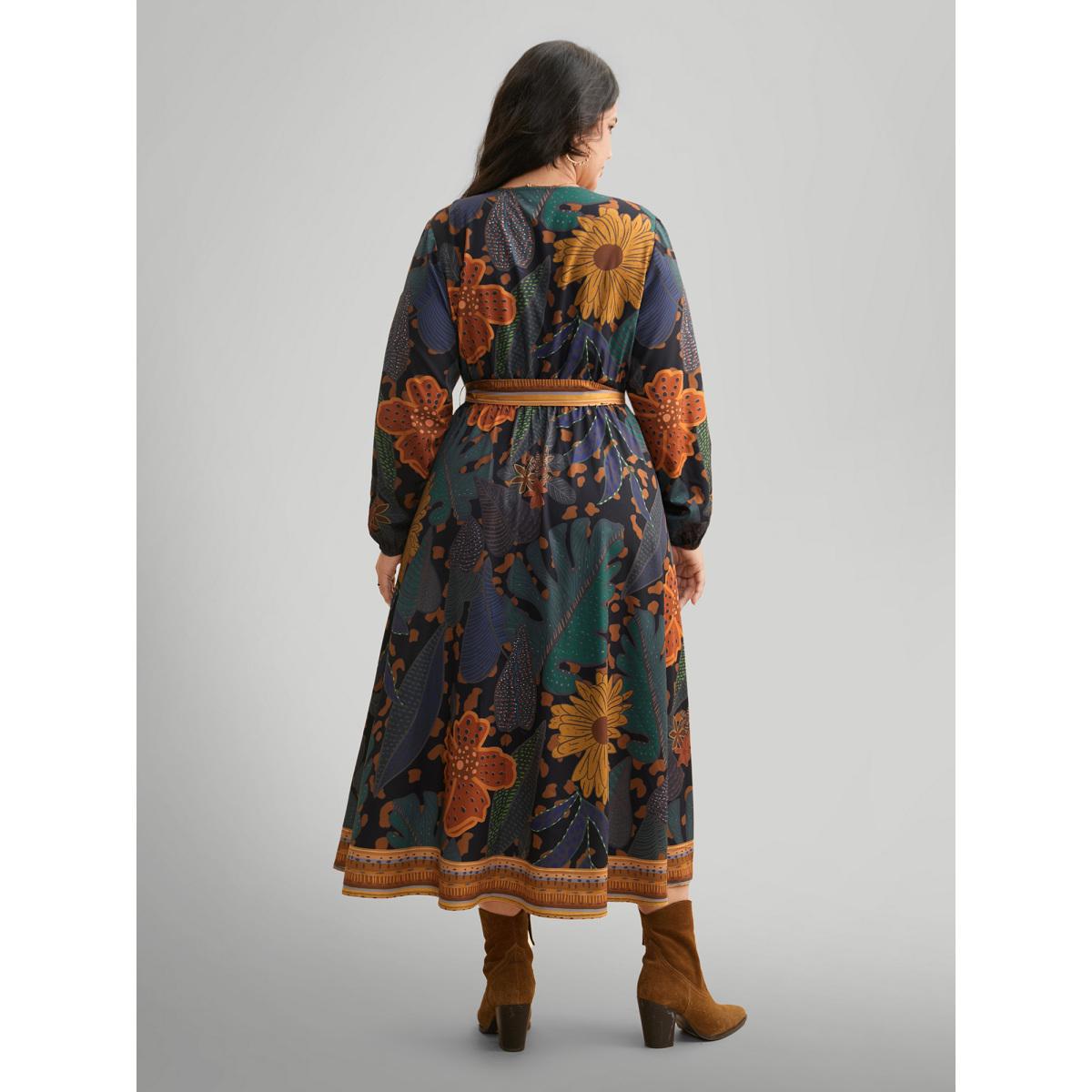Plus Size Boho Print Belted Lantern Sleeve Dress Black Women Resort Belted Overlap Collar Long Sleeve Curvy BloomChic 10/M Product Image