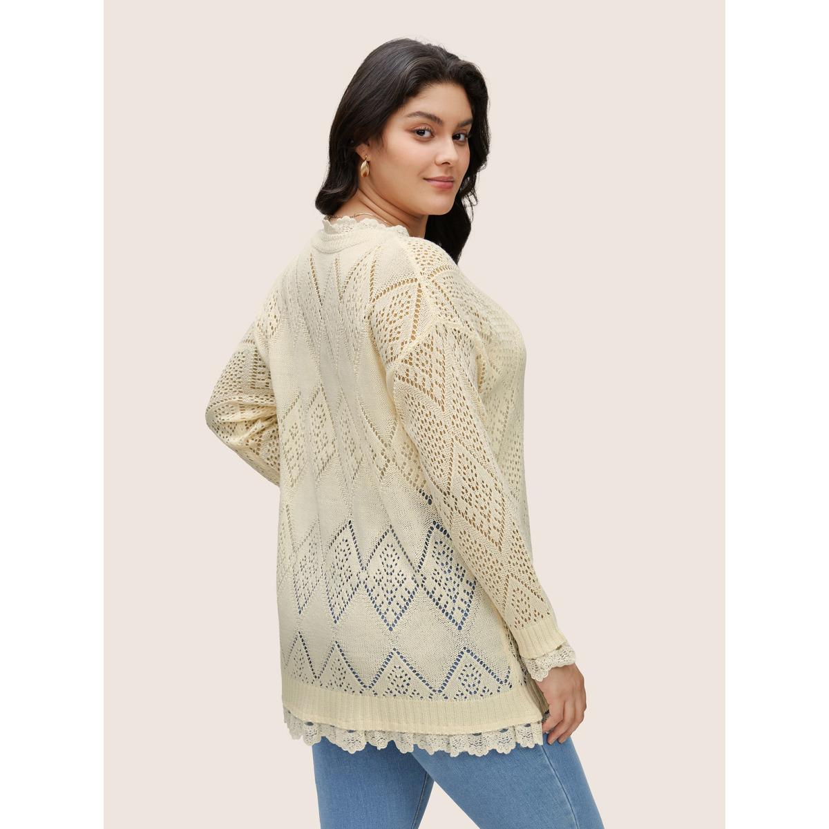 Plus Size Geometric Hollow Out Mesh Lace Panel Pullover Apricot Women Elegant Long Sleeve V-neck Everyday Pullovers BloomChic 10/M Product Image