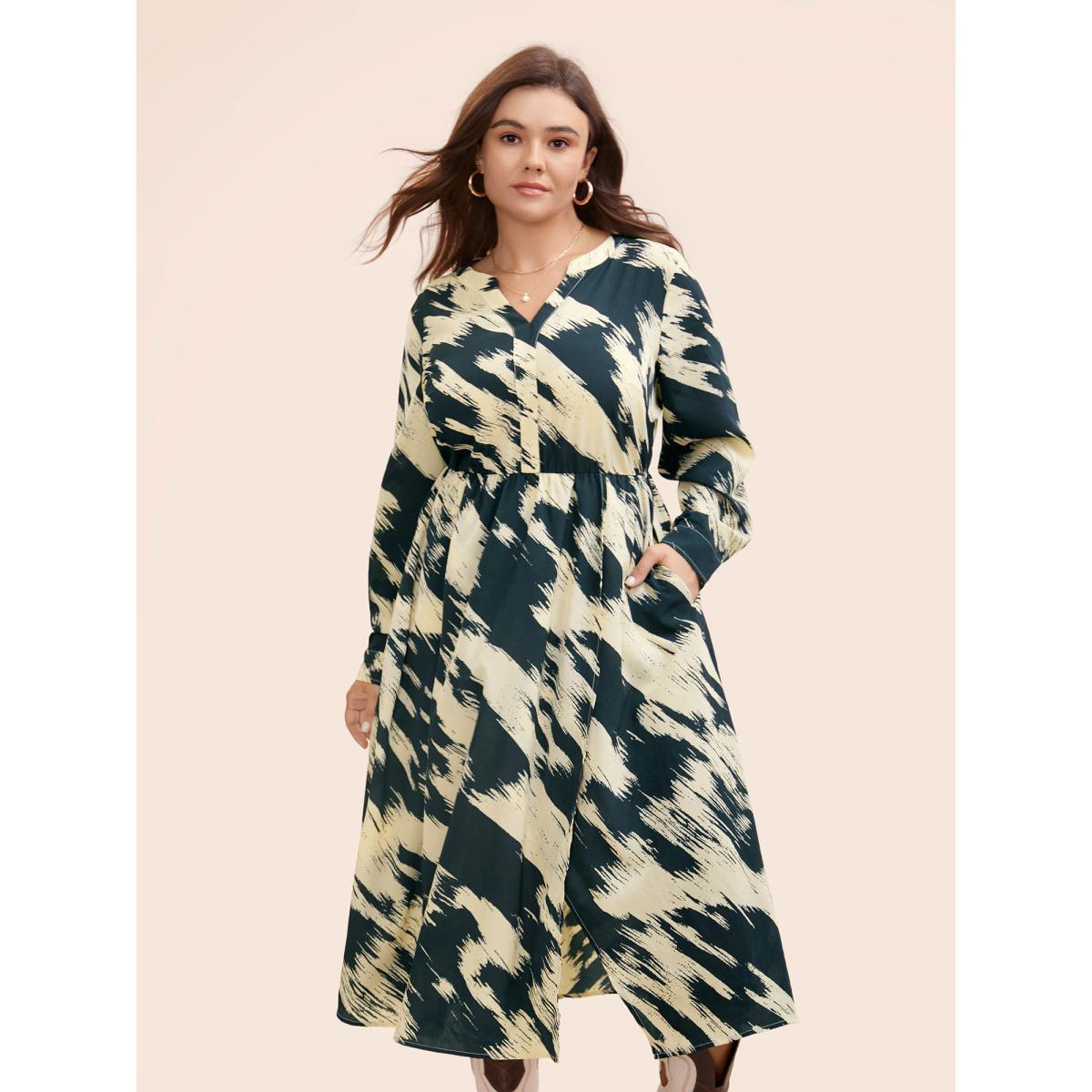Plus Size Brush Print Notched Collar Midi Dress DarkSlateGray Women At the Office Contrast Notched collar Long Sleeve Curvy BloomChic 12/L Product Image