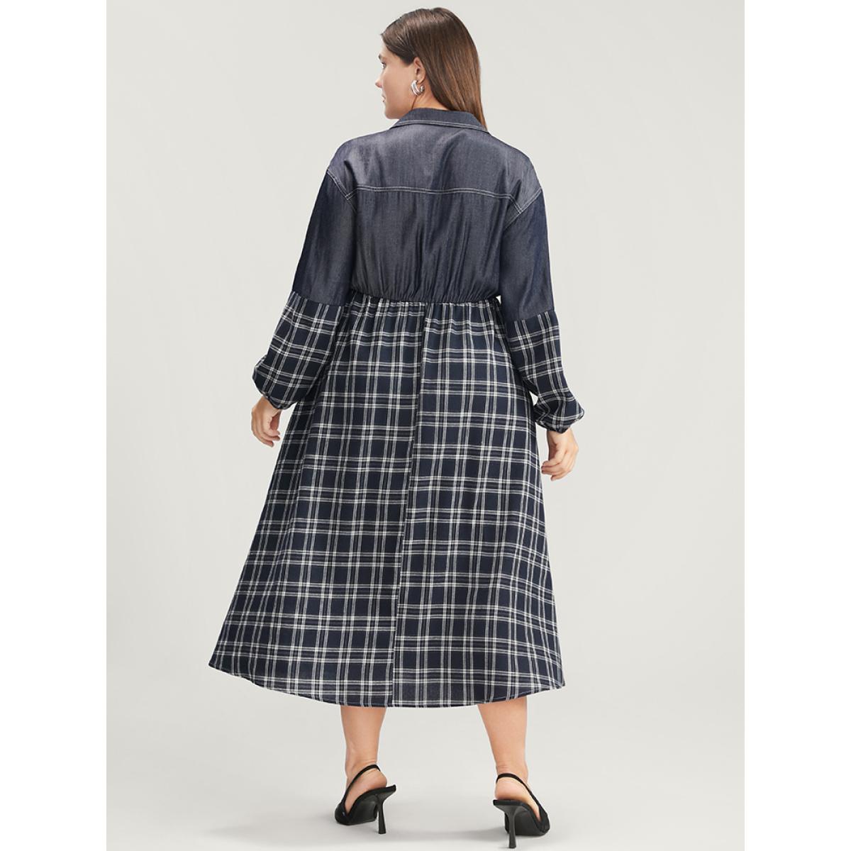 Plus Size Gingham Patchwork Button Pocket Shirt Collar Dress Without Belt Navy Women Office Patchwork Shirt collar Long Sleeve Curvy Midi Dress BloomChic 18-20/2X Product Image