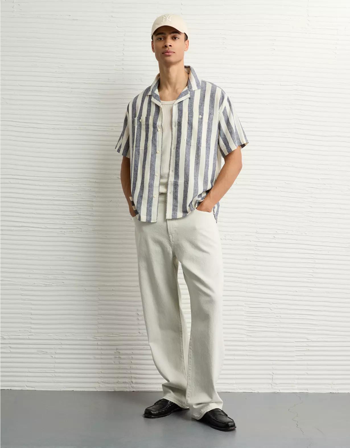 AE Poolside Linen-Blend Striped Button-Up Shirt Product Image