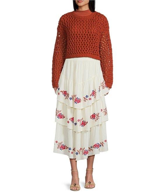 C&V Chelsea & Violet Embroidered Floral Detail Tiered Midi Skirt Product Image