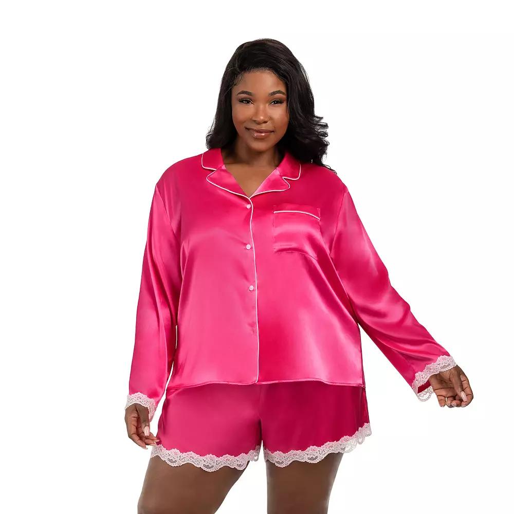 Plus Size Lilac+London 2-Piece Long Sleeve Pajama Top & Pajama Shorts Set, Women's, Size: 3XL, Solid Pink Product Image