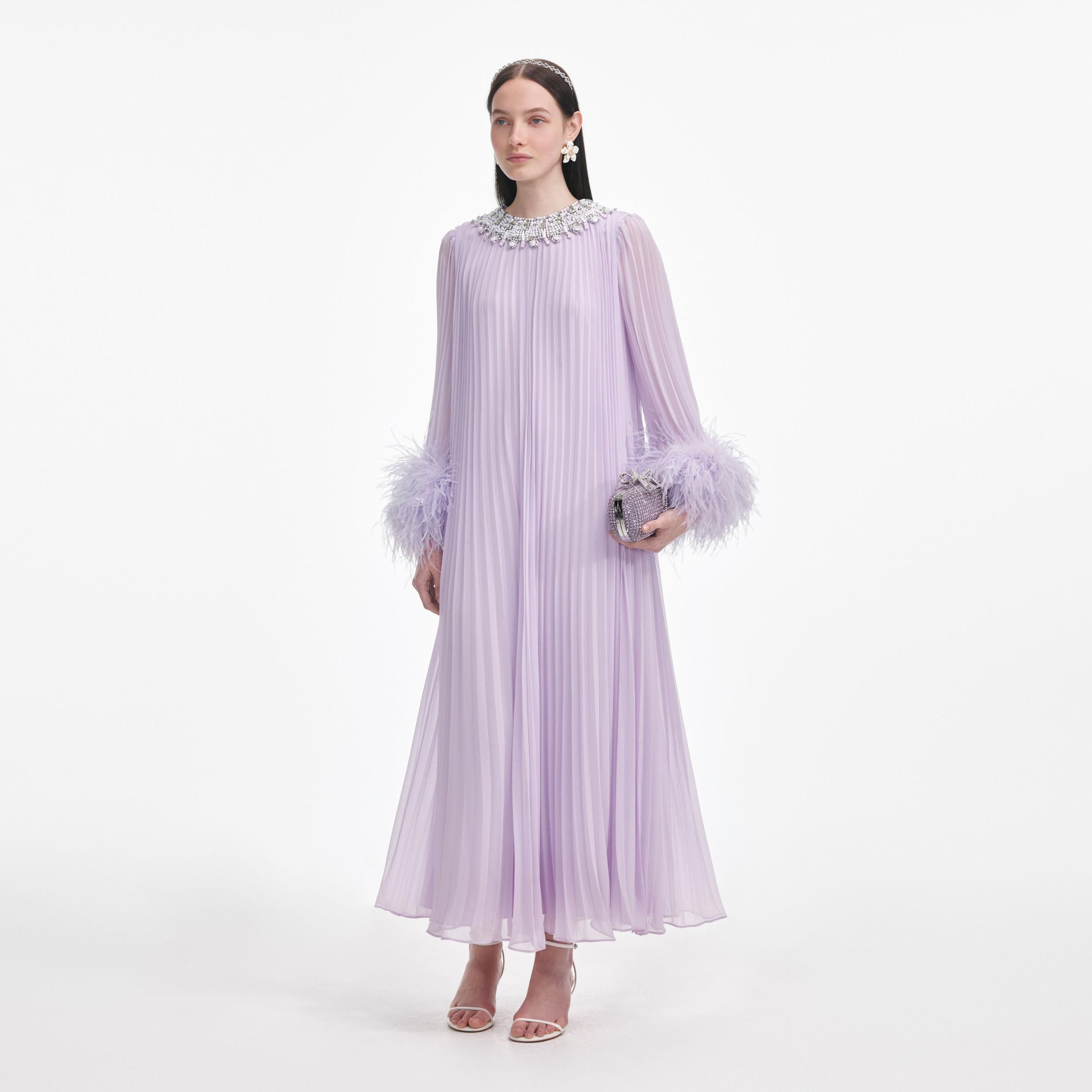 Lilac Chiffon Feather Midi Dress Product Image