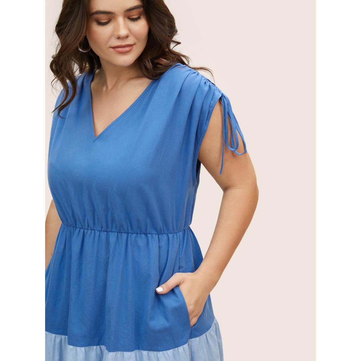 Plus Size V Neck Colorblock Contrast Drawstring Dress Brightblue Women Casual Contrast V-neck Sleeveless Curvy BloomChic 14-16/1X Product Image