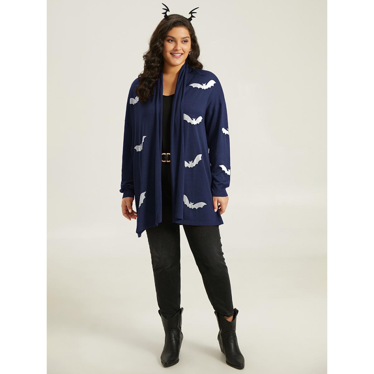 Plus Size Supersoft Essentials Halloween Bat Pattern Lapel Collar Cardigan Indigo Women Playful Loose Long Sleeve Casual Cardigans BloomChic 18-20/2X Product Image