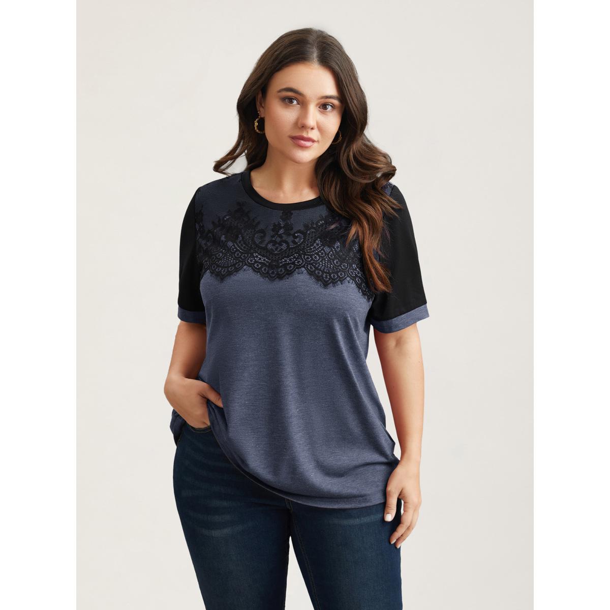 Plus Size Stretchy Scalloped Lace Color Contrast T-Shirt DarkSlateGray Women Timeless Contrast Round Neck Elegant T-shirts BloomChic 12/L Product Image