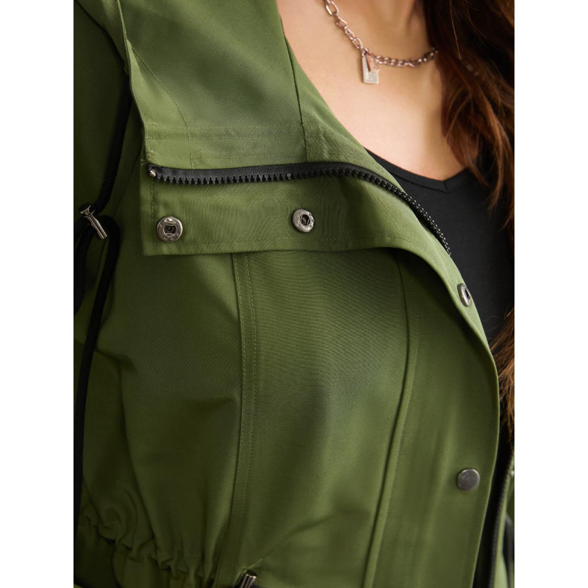 Plus Size Wind-Resistant Hooded Drawstring Waistline Inside Coat Women ArmyGreen Plain Pocket Dailywear Jackets BloomChic 12/L Product Image