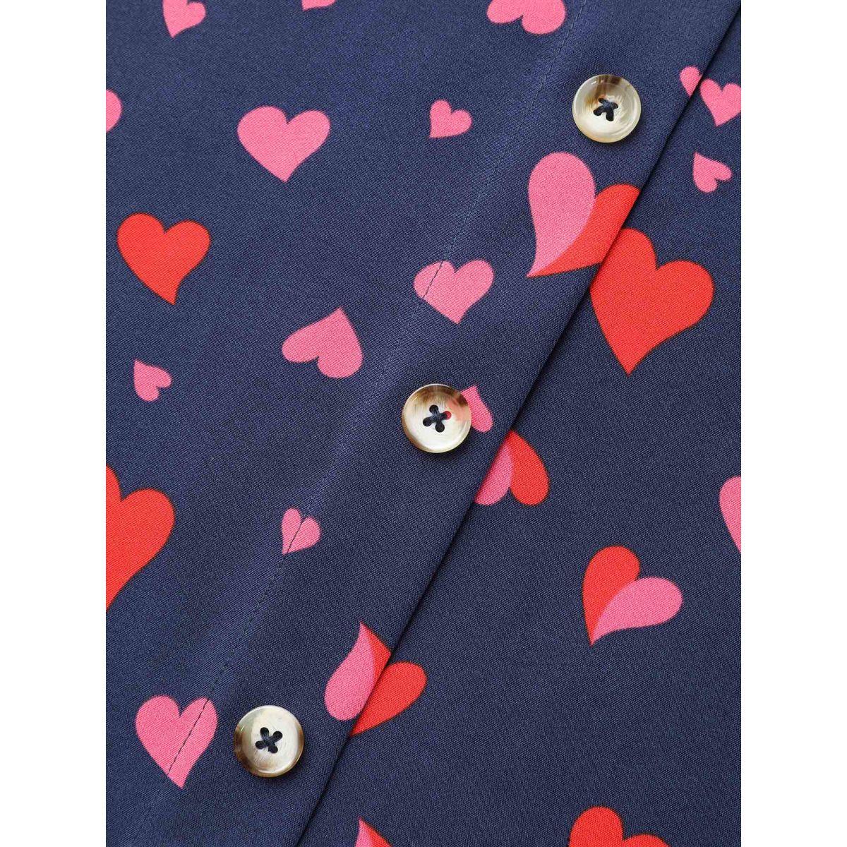 Plus Size Indigo Heart Pattern Button Detail Ruffle Blouse Women Elegant Short sleeve V-neck Everyday Blouses BloomChic 26/4X Product Image