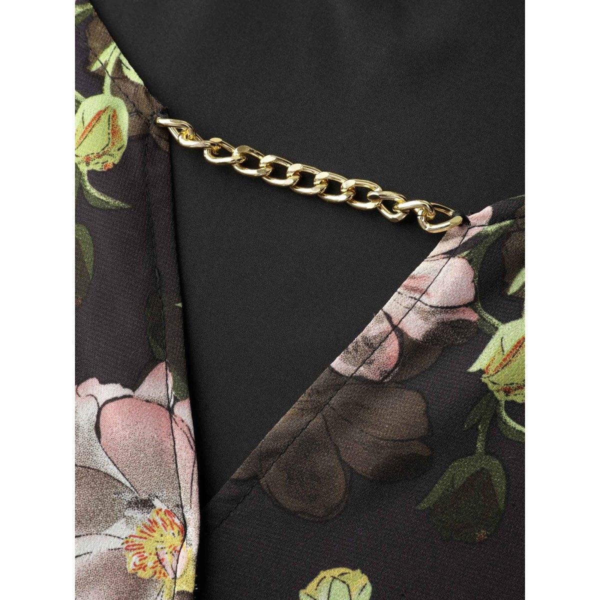 Plus Size Black Sheer Floral Ruffled Cuff Metal Detail Blouse Women Timeless Long Sleeve Flat collar with V-notch Elegant Blouses BloomChic 10/M Product Image