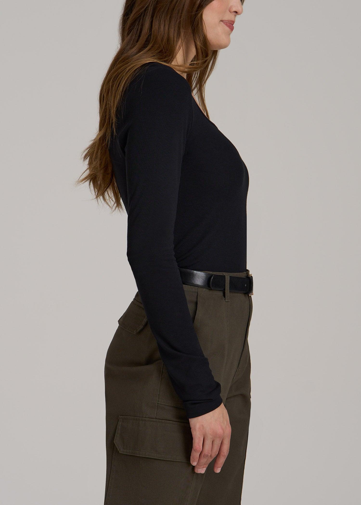 Long Sleeve Ribbed Squareneck Top for Tall Women in Black Product Image