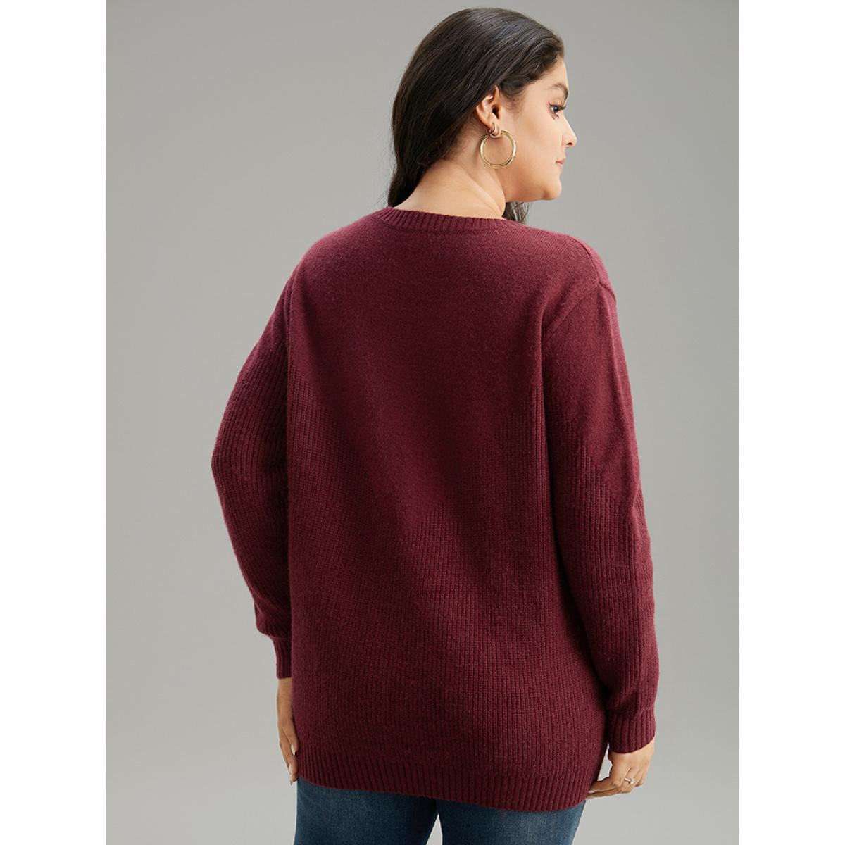 Plus Size Floral Embroidered Loose Elastic Cuffs Pullover Burgundy Women Casual Loose Long Sleeve Round Neck Dailywear Pullovers BloomChic 10/M Product Image