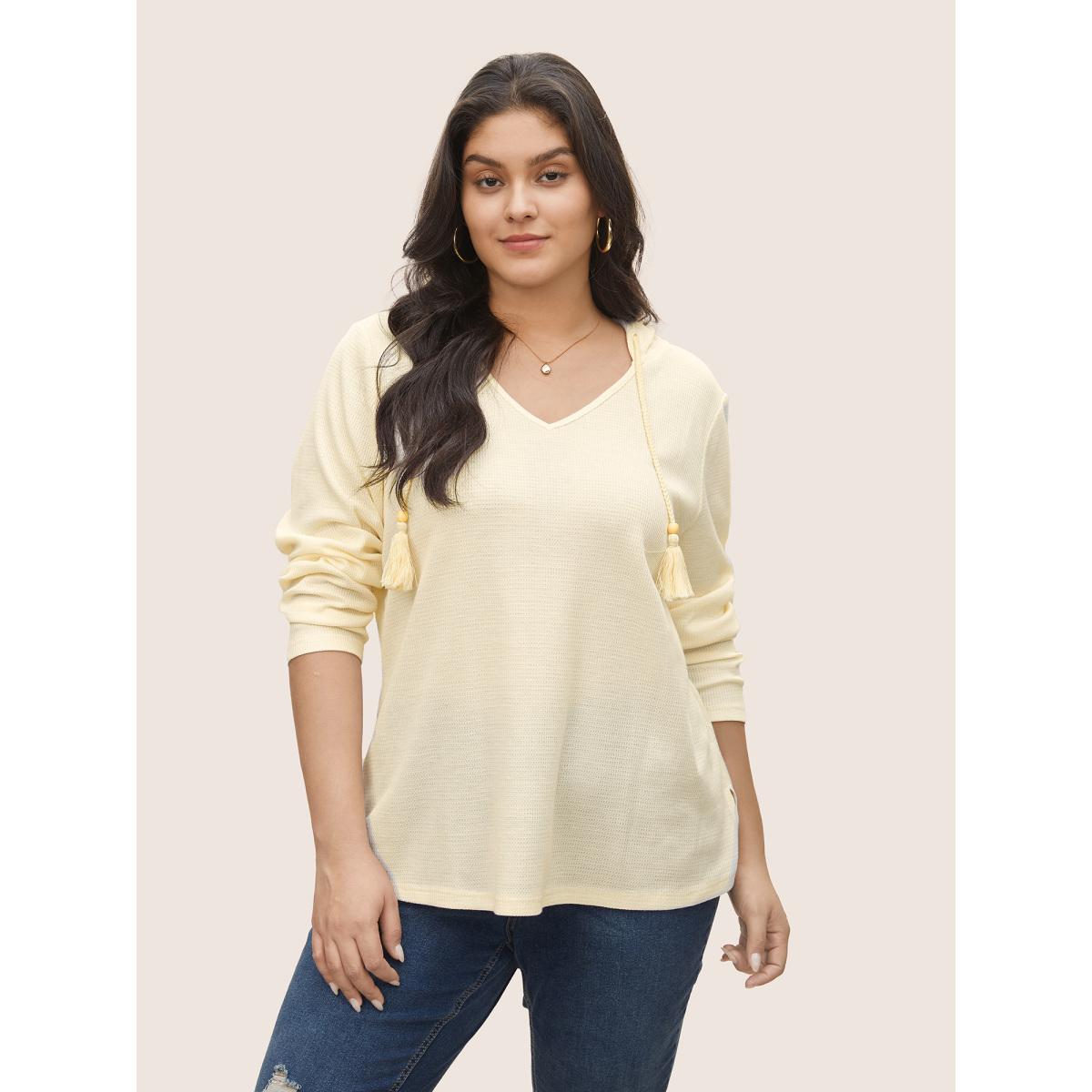 Plus Size Plain Waffle Knit Tassel Trim Hooded Sweatshirt Women Beige Casual Tassels V-neck Everyday Sweatshirts BloomChic 10/M Product Image