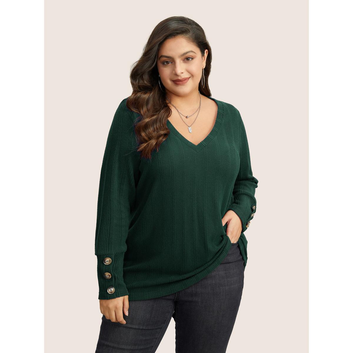 Plus Size Rib Knit V Neck Button Detail T-shirt Green Women Leisure Non Plain V-neck Casual T-shirts BloomChic 22-24/3X Product Image