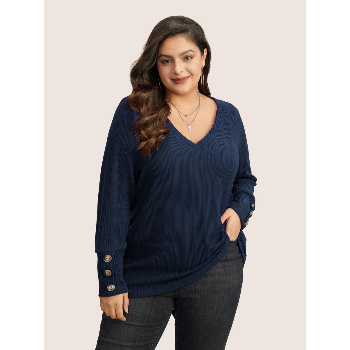 Plus Size Rib Knit V Neck Button Detail T-shirt Black Women Casual Non Plain V-neck Everyday T-shirts BloomChic 28/5X Product Image