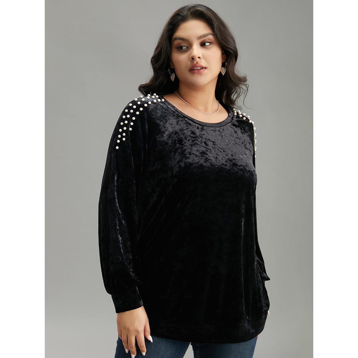 Plus Size Solid Velvet Pearl Beaded Raglan Sleeve Sweatshirt Women Black Elegant Elastic cuffs Round Neck Dailywear Sweatshirts BloomChic 18-20/2X Product Image