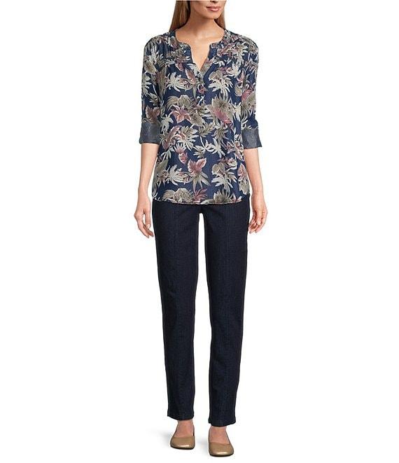 Intro Petite Size Lyocell Slub Dark Wash Pal Print Y-Neck Long Roll-Tab Sleeve Shirttail Hem Blouse Product Image