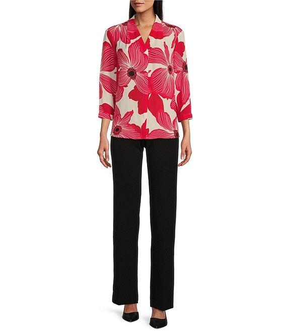 Investments Petite Size Caroline Signature Upbeat Poppy V-Neck 3/4 Sleeve Button Front Top Product Image