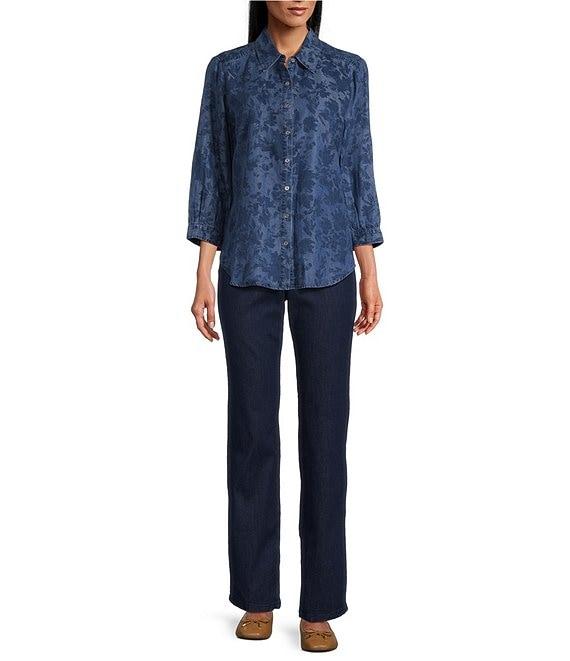 Allison Daley Fresh Floral Print 3/4 Sleeve Point Collar Button Front Lyocell Blouse Product Image