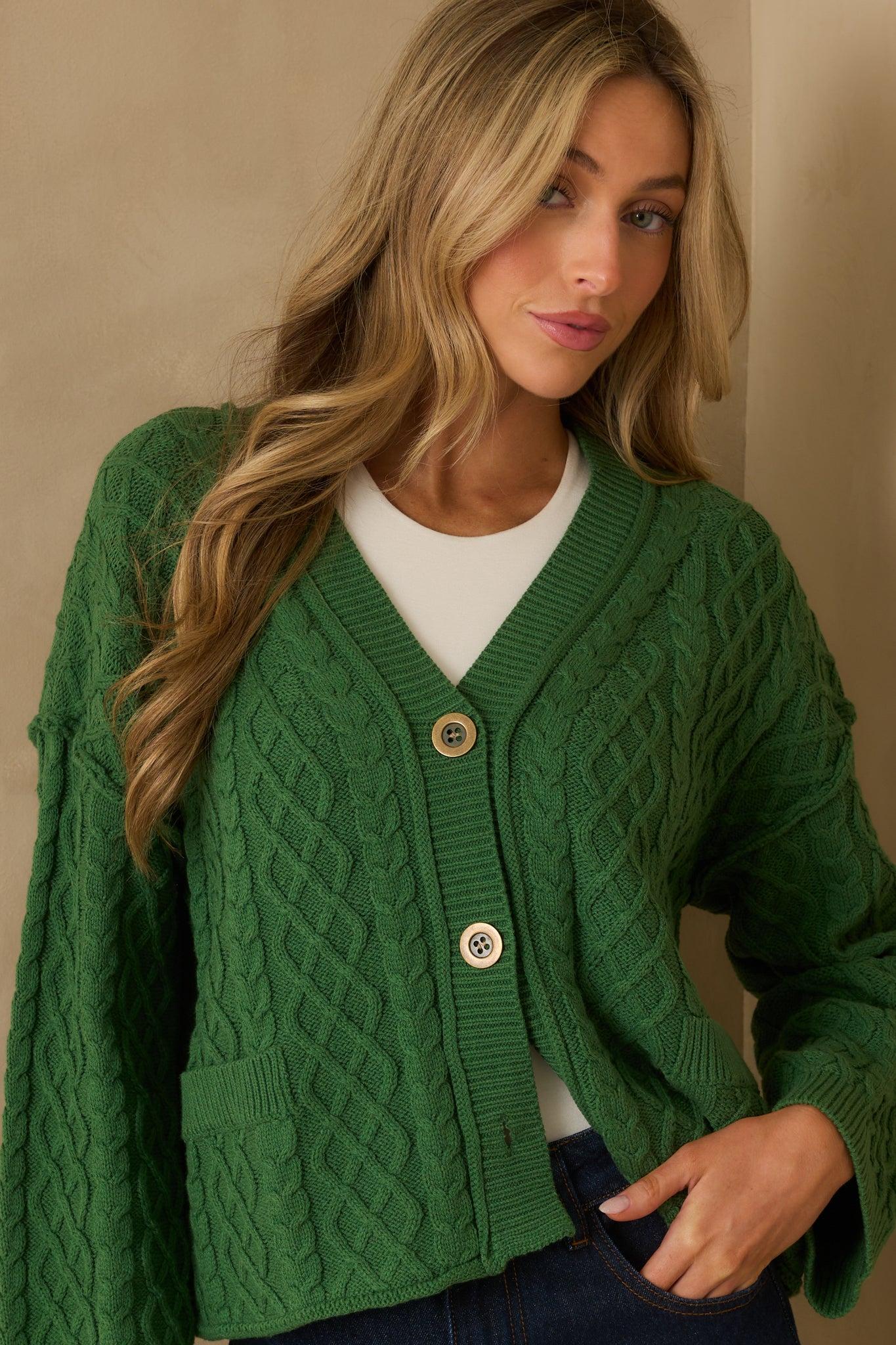 For Old Time’s Sake Forest Green Cable Knit Button Up Cardigan L / Forest Green Product Image
