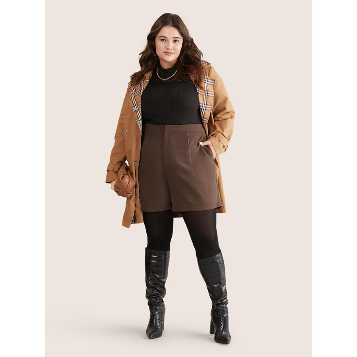 Plus Size Solid Corduroy Plicated Detail Shorts Women DarkBrown Office Texture Office Shorts BloomChic 22-24/3X Product Image