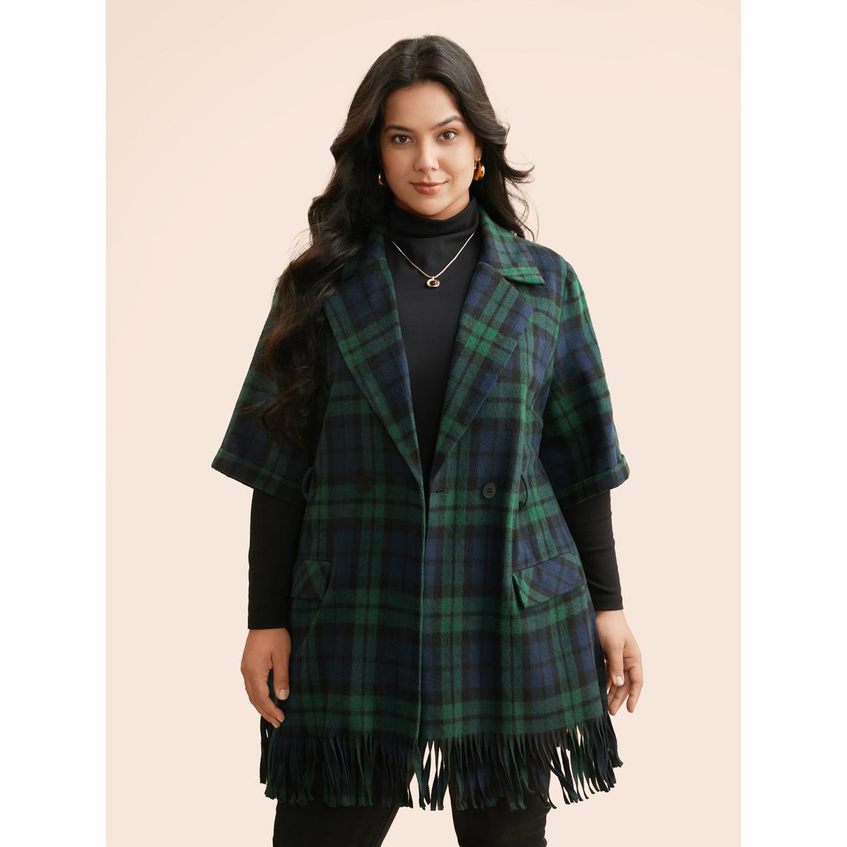 Plus Size Plaid Tassel Trim Pocket Belted Jacket Women Indigo Tassels Loose Open pocket with flap Belt Everyday Jackets BloomChic 14-16/1X Product Image