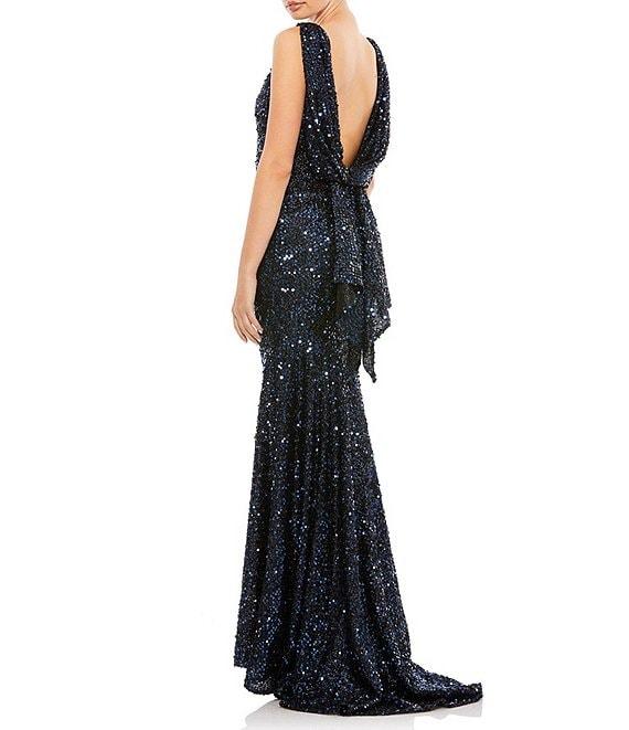 Ieena for Mac Duggal Sequin Drape Back Detail Boat Neck Sleeveless Sheath Gown Product Image