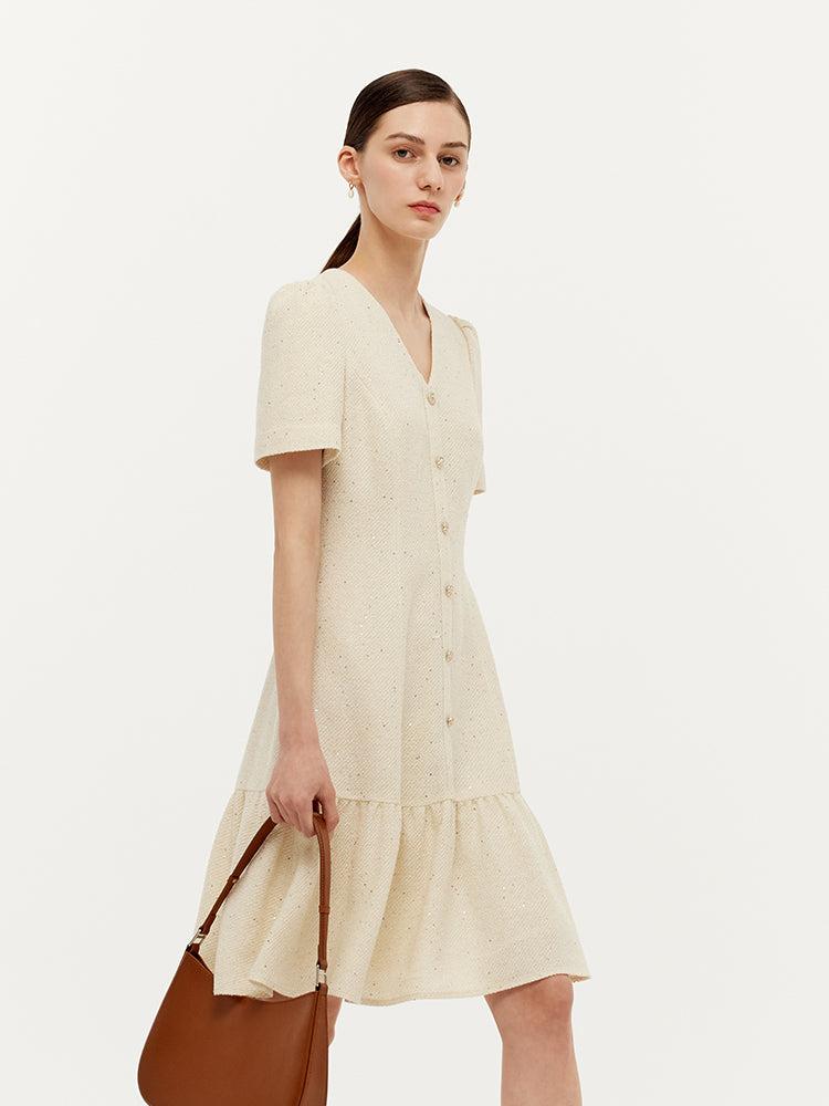 Tweed Sequins V-Neck Ruffle Hem Women Mini Dress Product Image