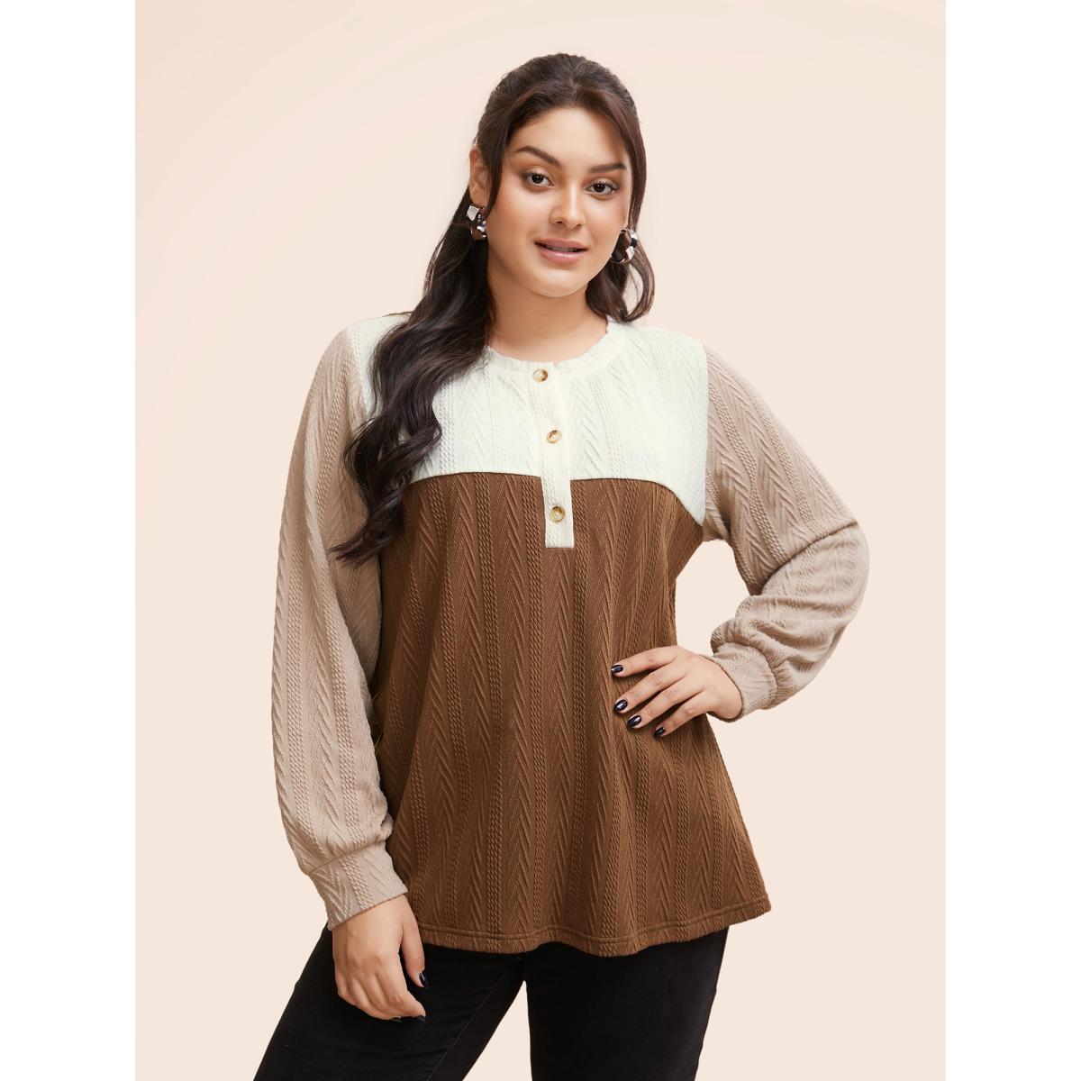 Plus Size Colorblock Contrast Textured Button Up T-shirt Multicolor Women Casual Texture Round Neck Everyday T-shirts BloomChic 10/M Product Image