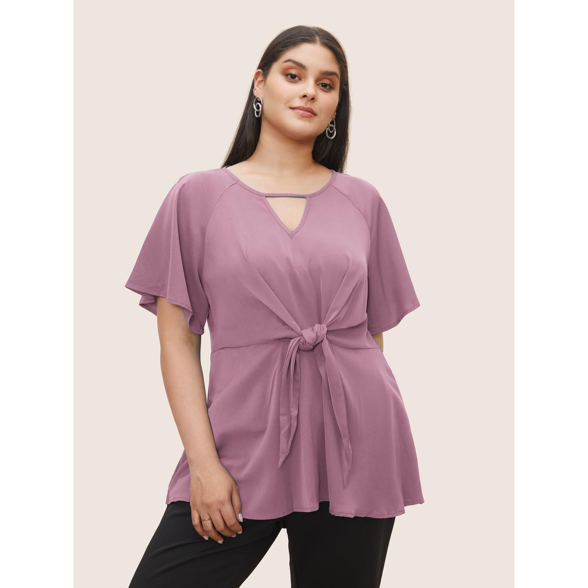 Plus Size ArmyGreen Plain Keyhole Knotted Front Ruffle Sleeve Blouse Women Office Short sleeve Round Neck Office Blouses BloomChic 26/4X Product Image