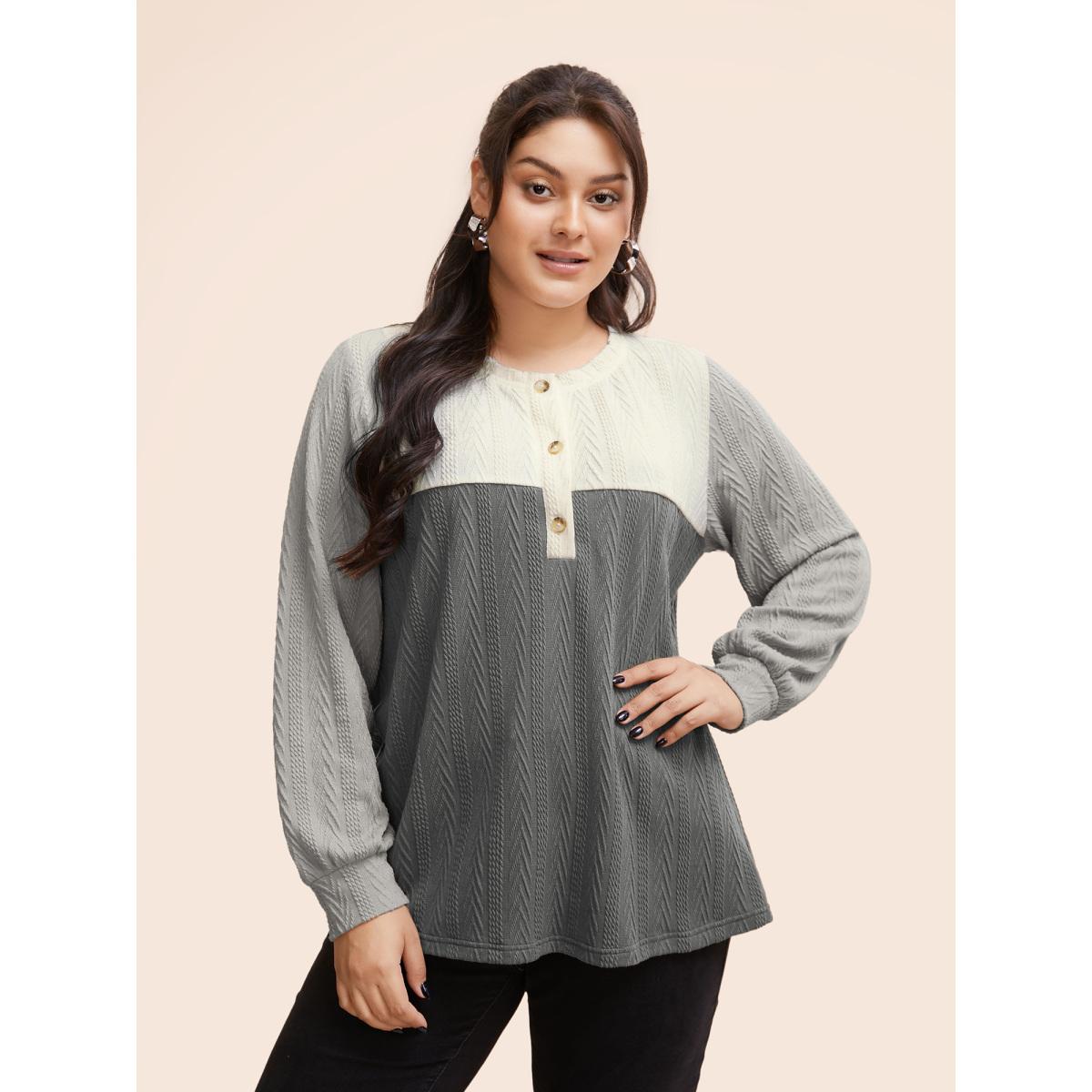 Plus Size Colorblock Contrast Textured Button Up T-shirt Mediumgray Women Casual Texture Round Neck Everyday T-shirts BloomChic 12/L Product Image