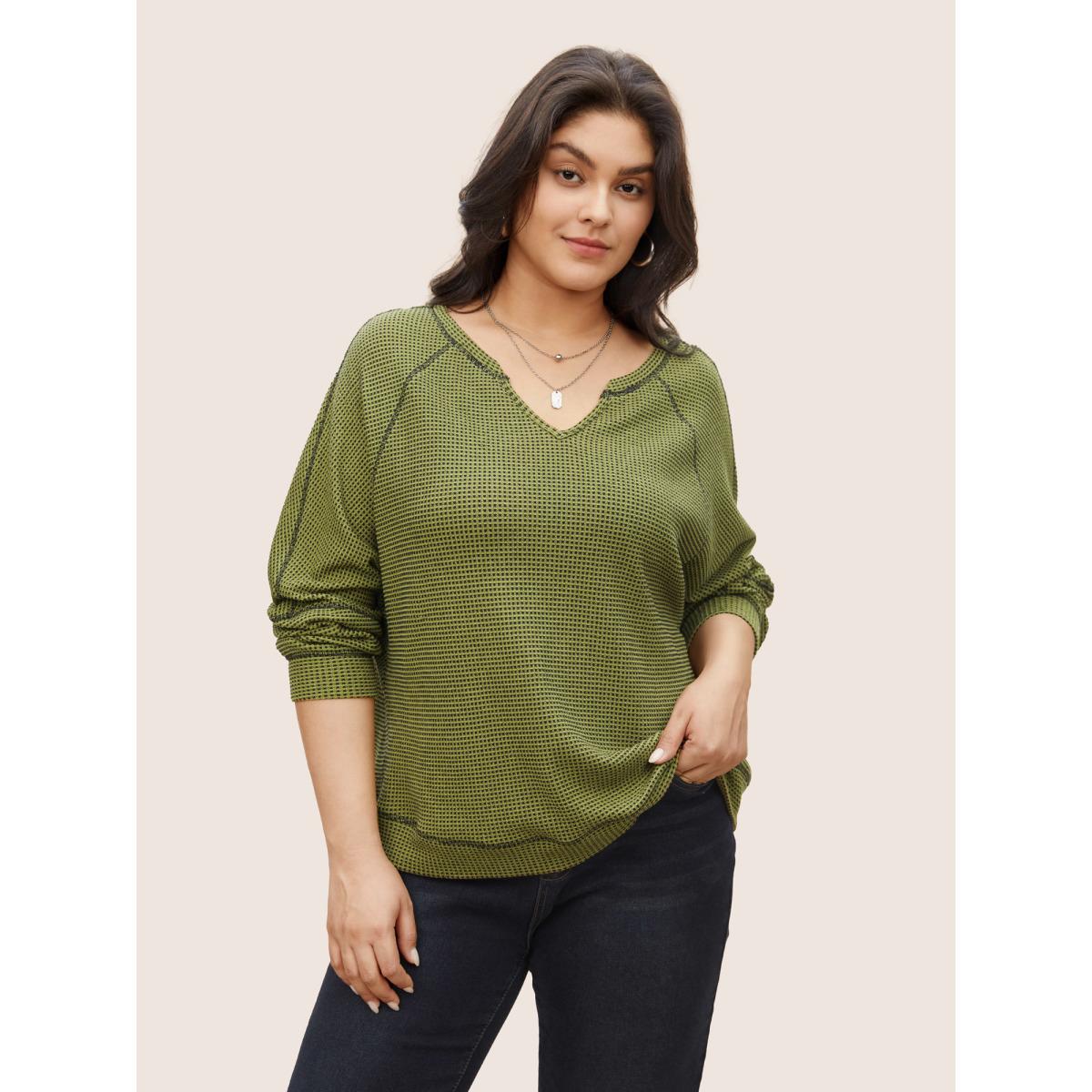 Plus Size Waffle Knit Notched Contrast Stitch Patchwork Sweatshirt Women ArmyGreen Casual Topstitching Notched collar Everyday Sweatshirts BloomChic 22-24/3X Product Image