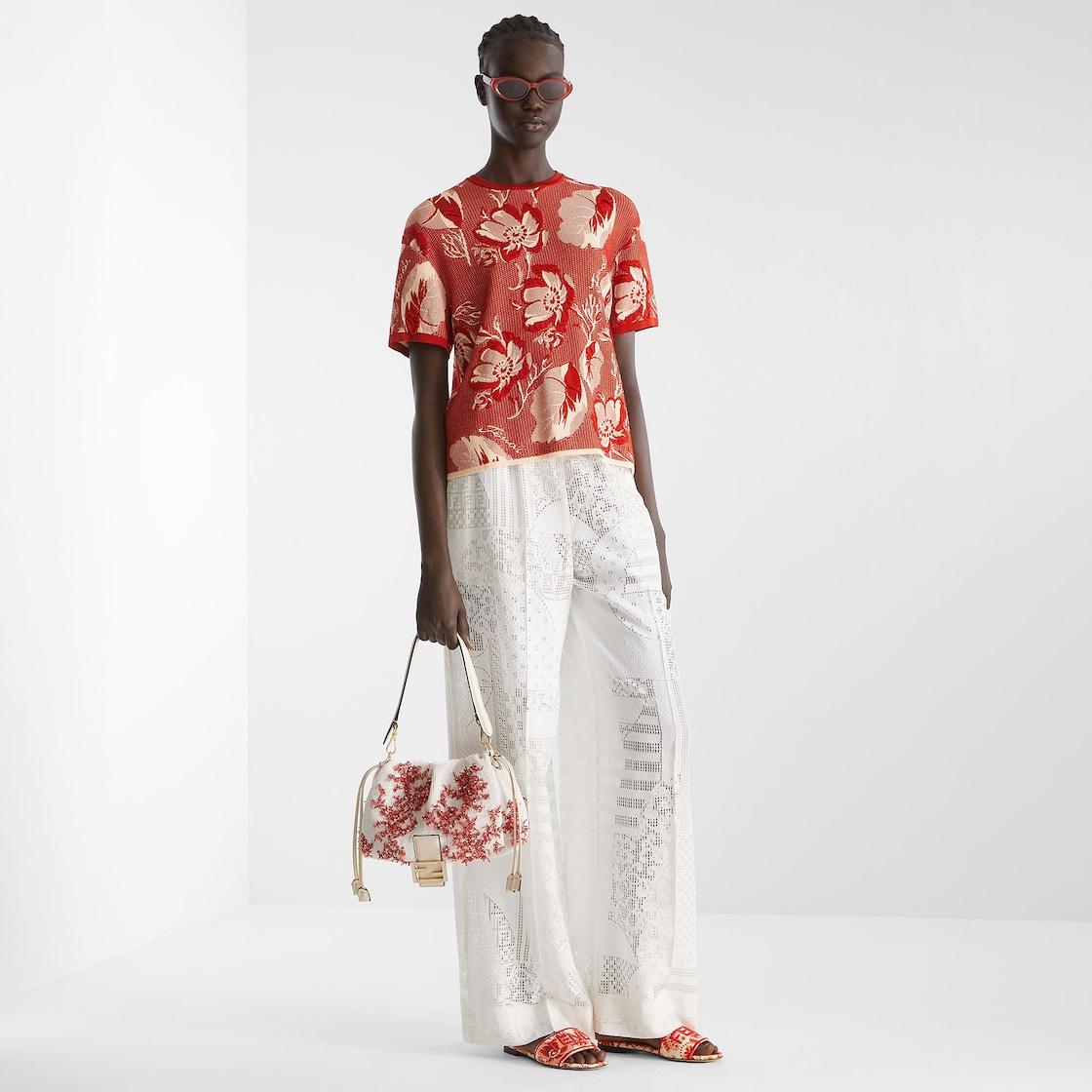 Mamma Baguette MediumSea Garden Coral red and camellia embroidered bag Product Image