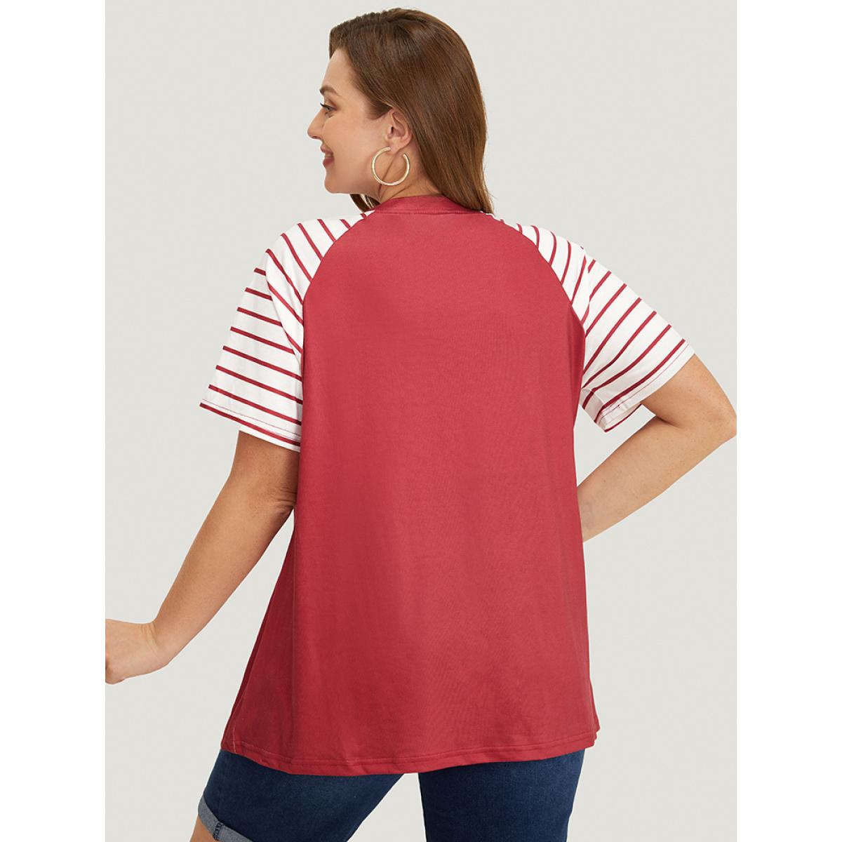 Plus Size Striped Contrast Raglan Sleeve V Neck T-shirt Scarlet Women Casual Patchwork Striped V-neck Dailywear T-shirts BloomChic 14-16/1X Product Image