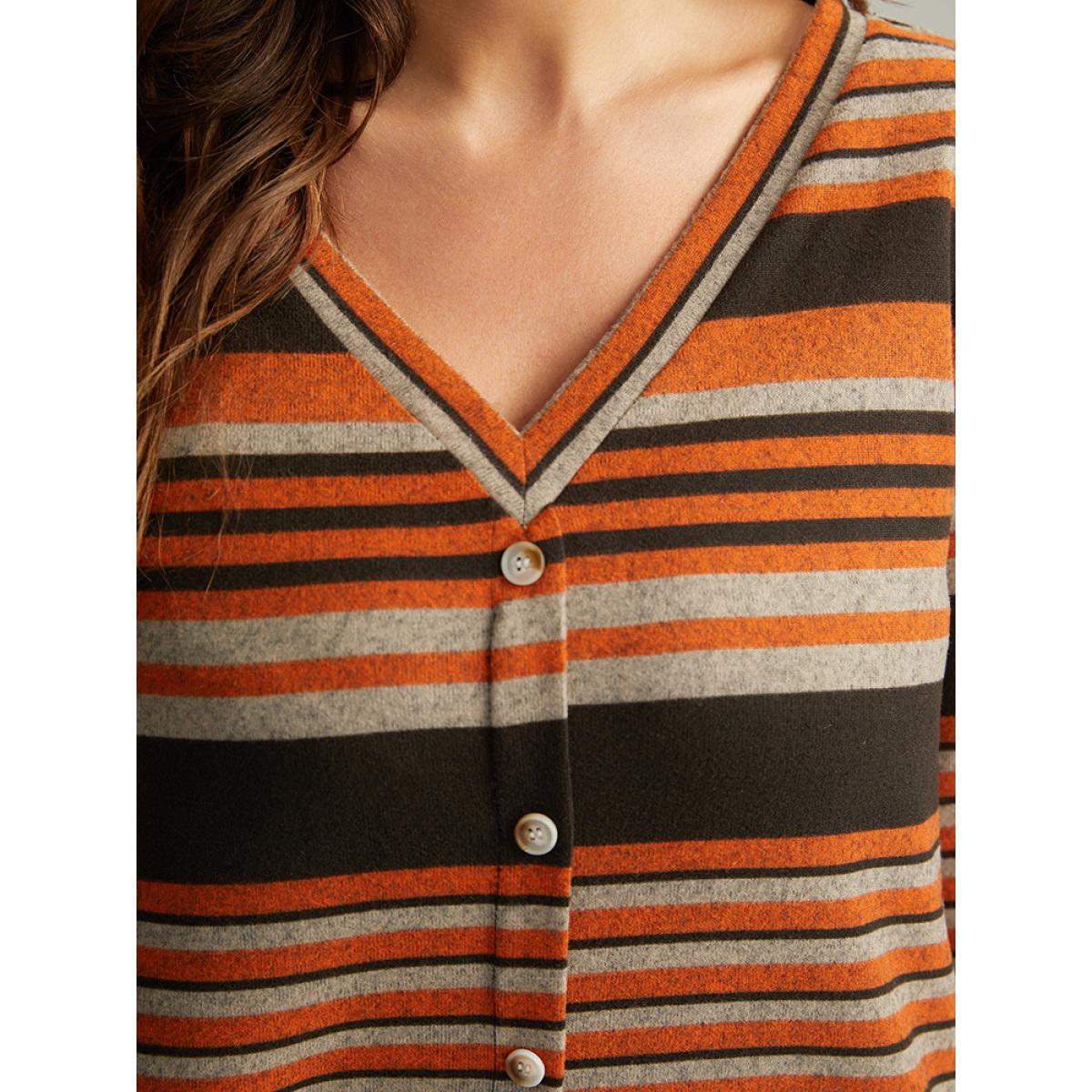 Plus Size Halloween Striped Contrast Button Detail T-shirt Multicolor Women Casual Contrast Striped V-neck Festival-Halloween T-shirts BloomChic 12/L Product Image