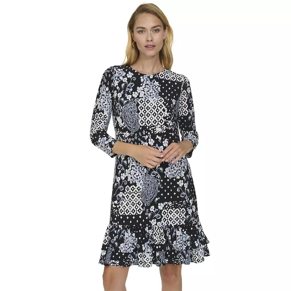 Women's Harper Rose 3/4-Sleeve Ruffle Hem Shift Dress, Blue Patchwork Product Image