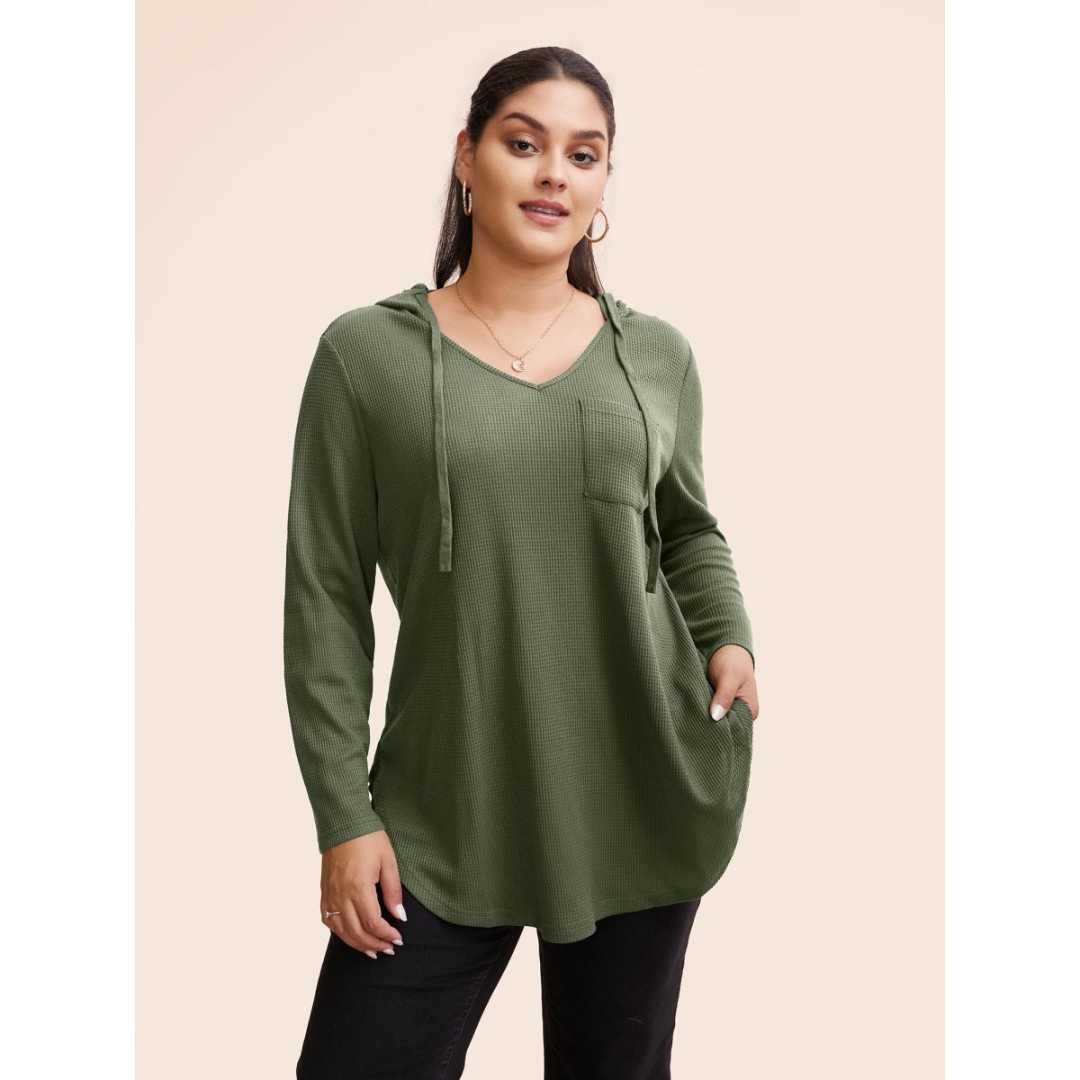 Plus Size Waffle Knit Pocket Hooded Drawstring Arc Hem T-shirt Purple Women Casual Texture Plain Hooded Everyday T-shirts BloomChic 22-24/3X Product Image