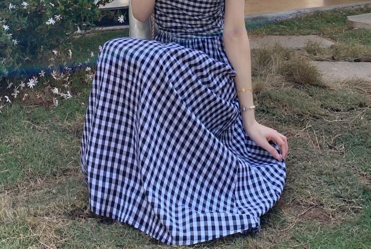 Maternity Open Front Plain Cardigan / Spaghetti Strap Plaid Midi A-Line Dress Product Image