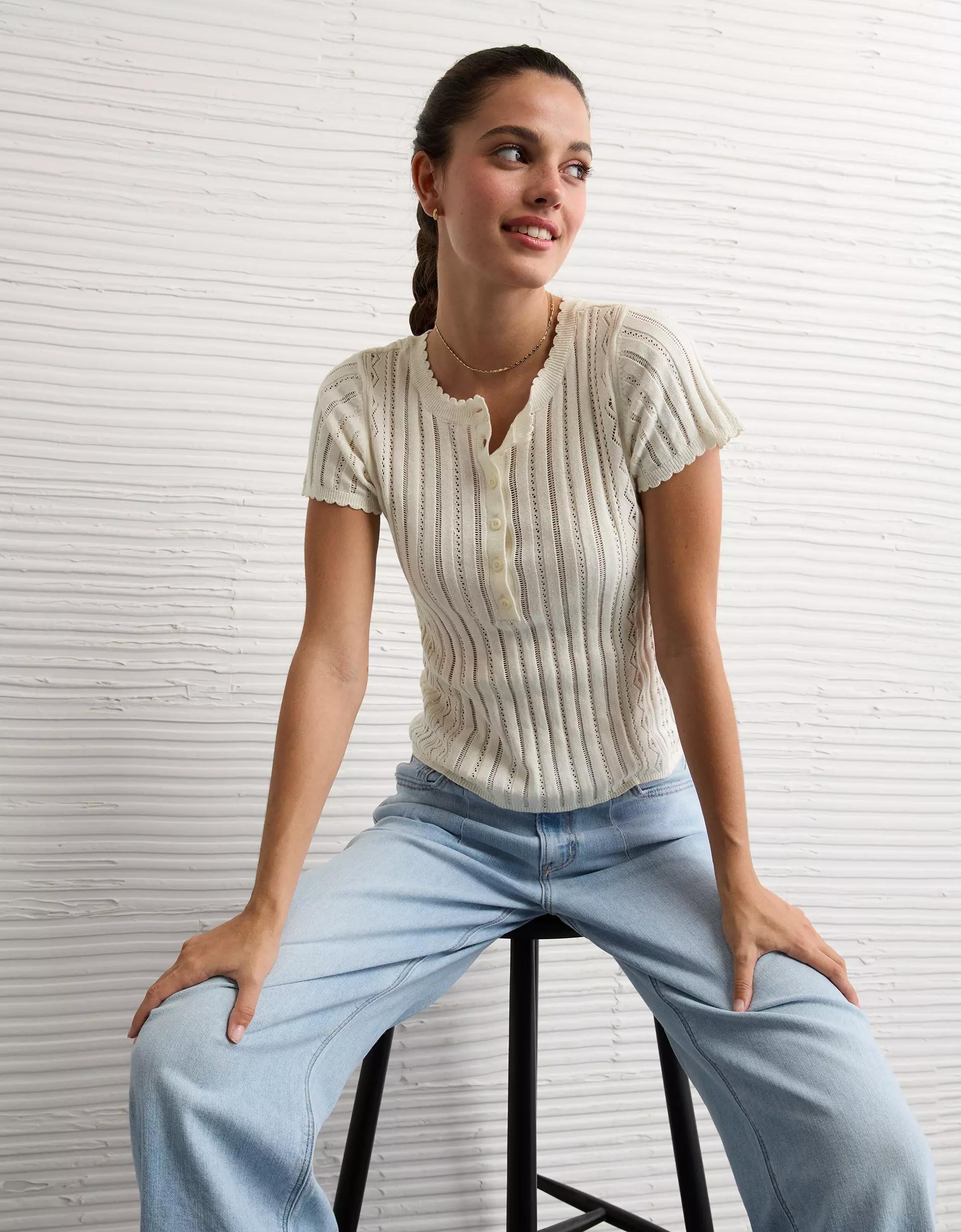 AE Henley Pointelle Sweater T-Shirt Product Image