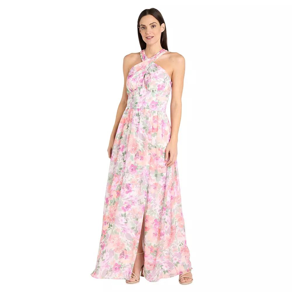 Women's R&M Richards Chiffon Crisscross Halter Maxi Dress, Size: 6, Ivory Blossom Product Image