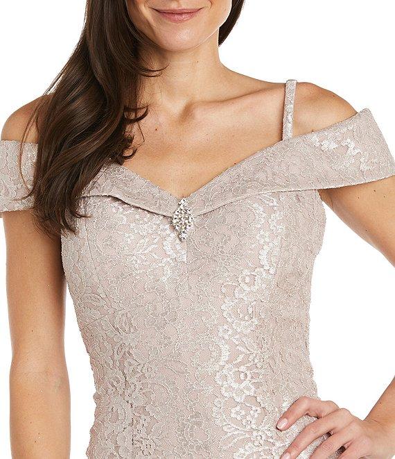 R & M Richards Sleeveless Off-The-Shoulder Rhinestone Detail Sweetheart Neck Front Slit Lace Glitter Gown Product Image