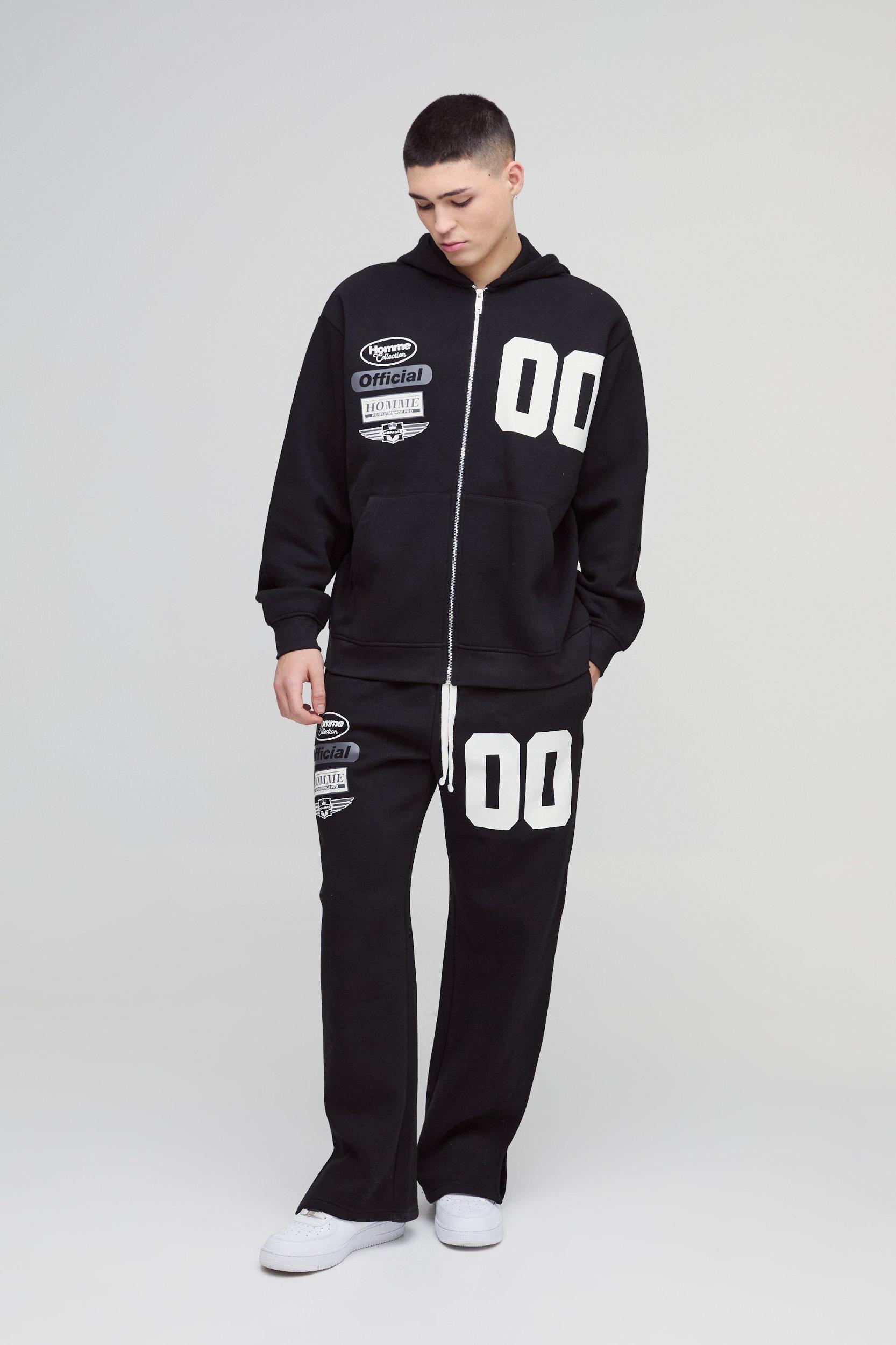 330gsm Oversized Official Varsity Hooded Split Hem Zip Tracksuit | boohooMAN USA Product Image