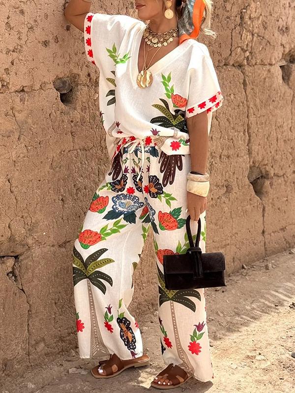 High Waisted Loose Drawstring Elasticity Printed Split-Joint Pants Trousers Product Image