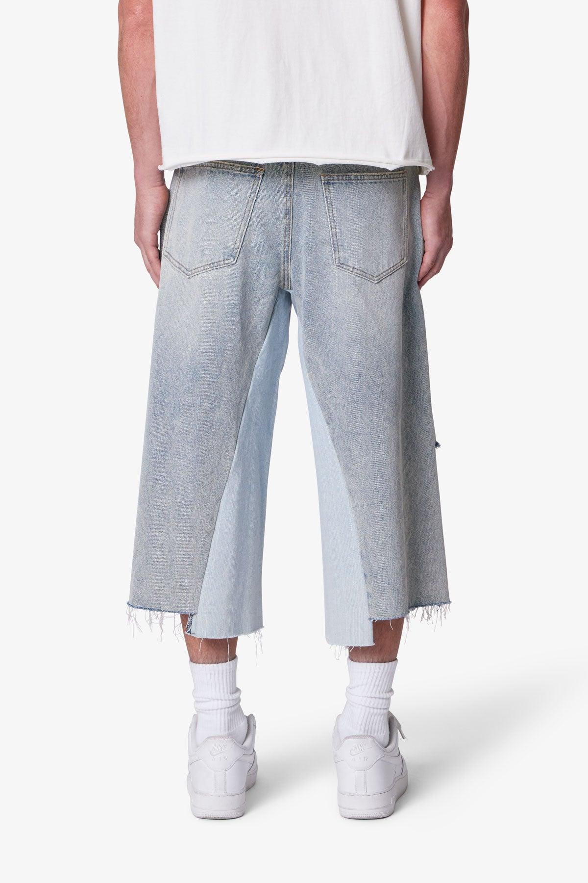 Panelled Denim Shorts - Washed Light Blue Product Image