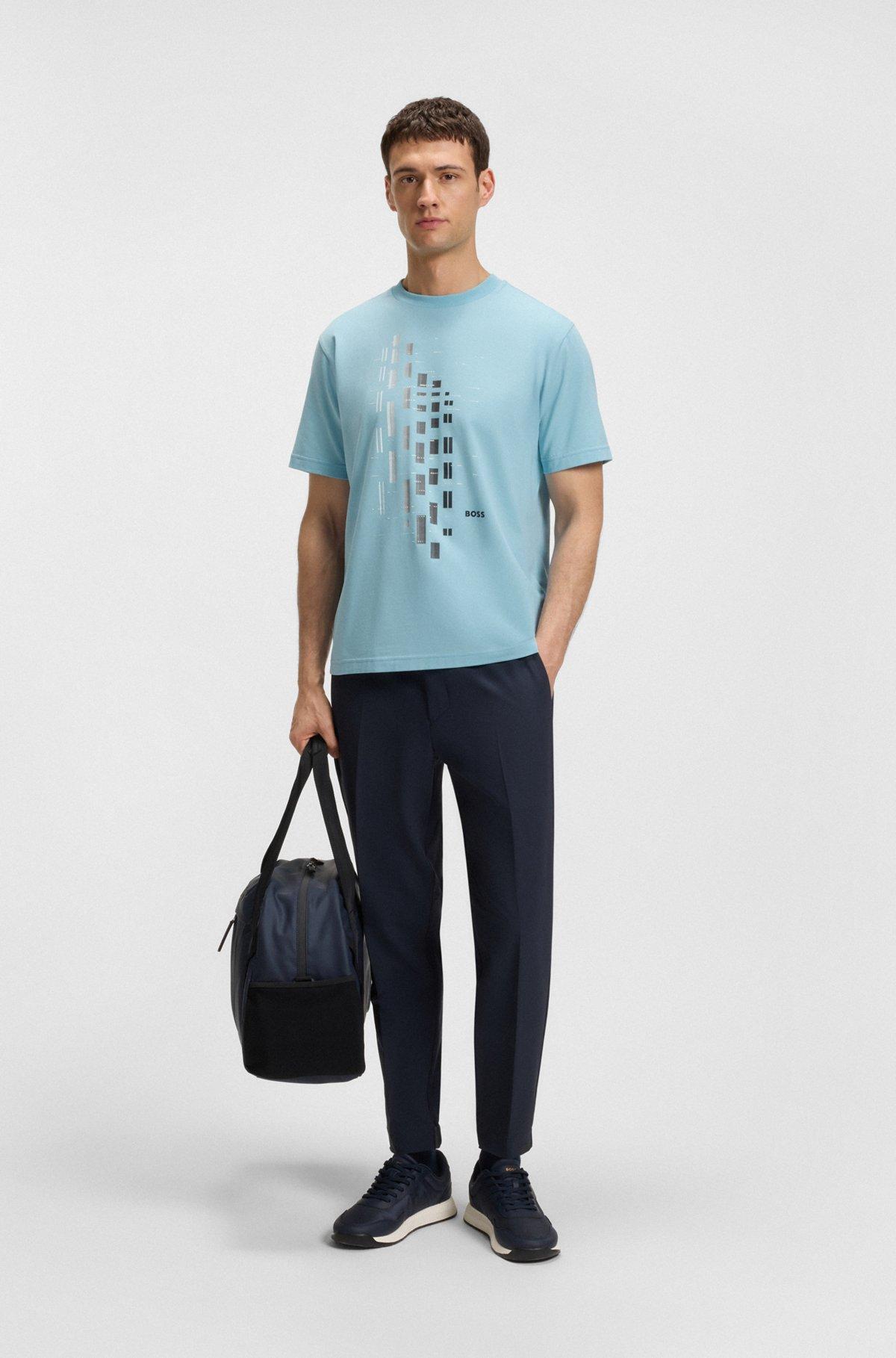 BOSS - Stretch-cotton T-shirt with geometric print - Light Blue Product Image