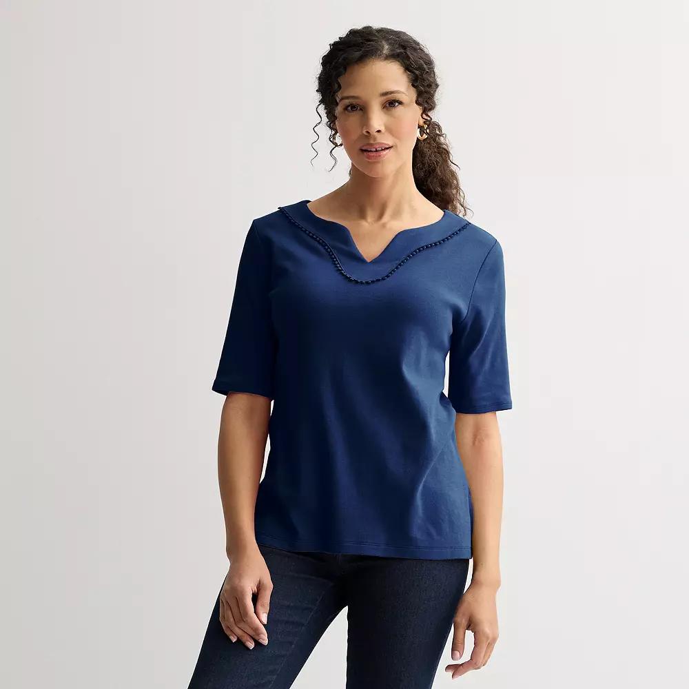 Petite Croft & Barrow Bobble Trim Splitneck Top, Womens Felix Blue Product Image