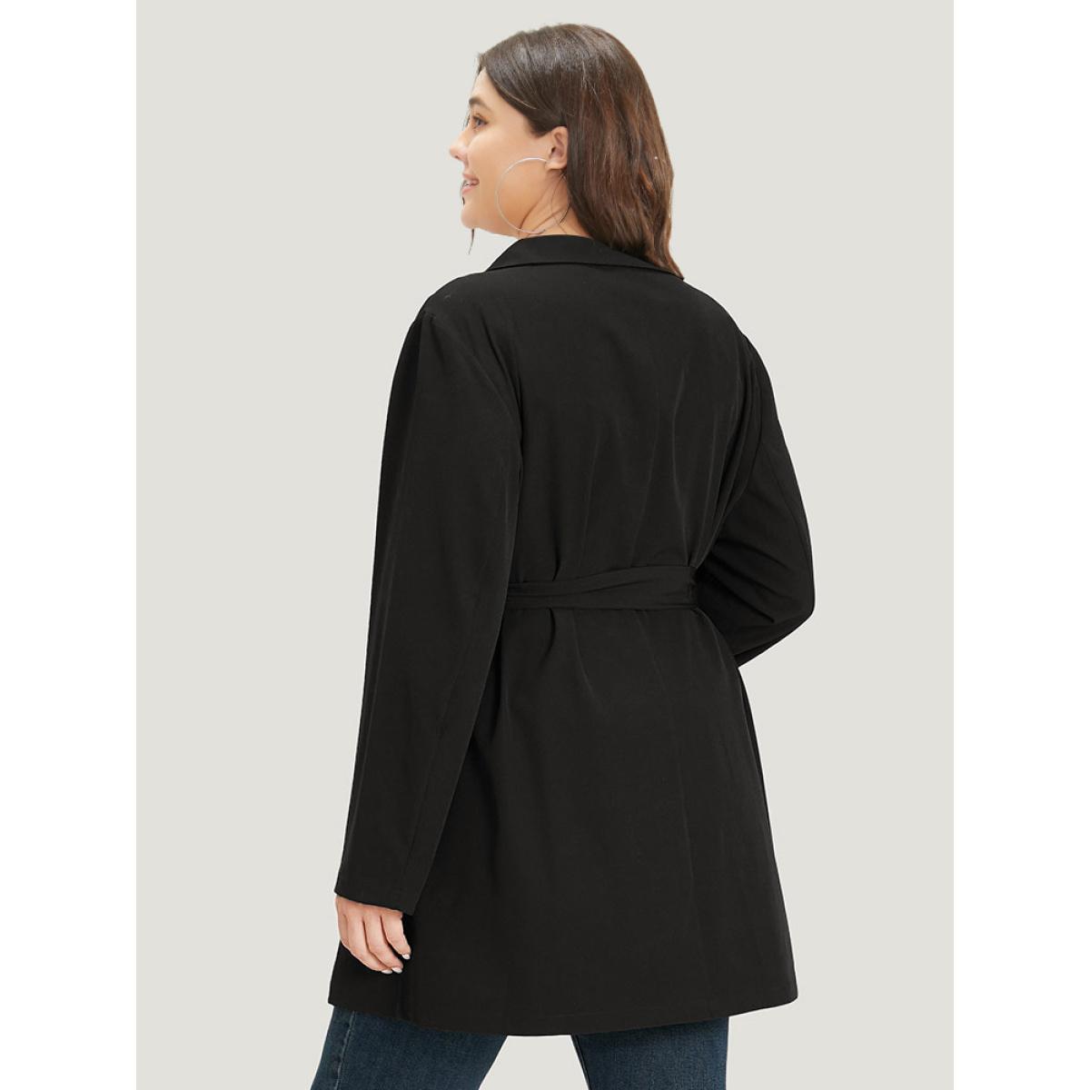 Plus Size Solid Belted Button Detail Zipper Pocket Coat Women Black Plain Pocket Belt Dailywear Jackets BloomChic 14-16/1X Product Image