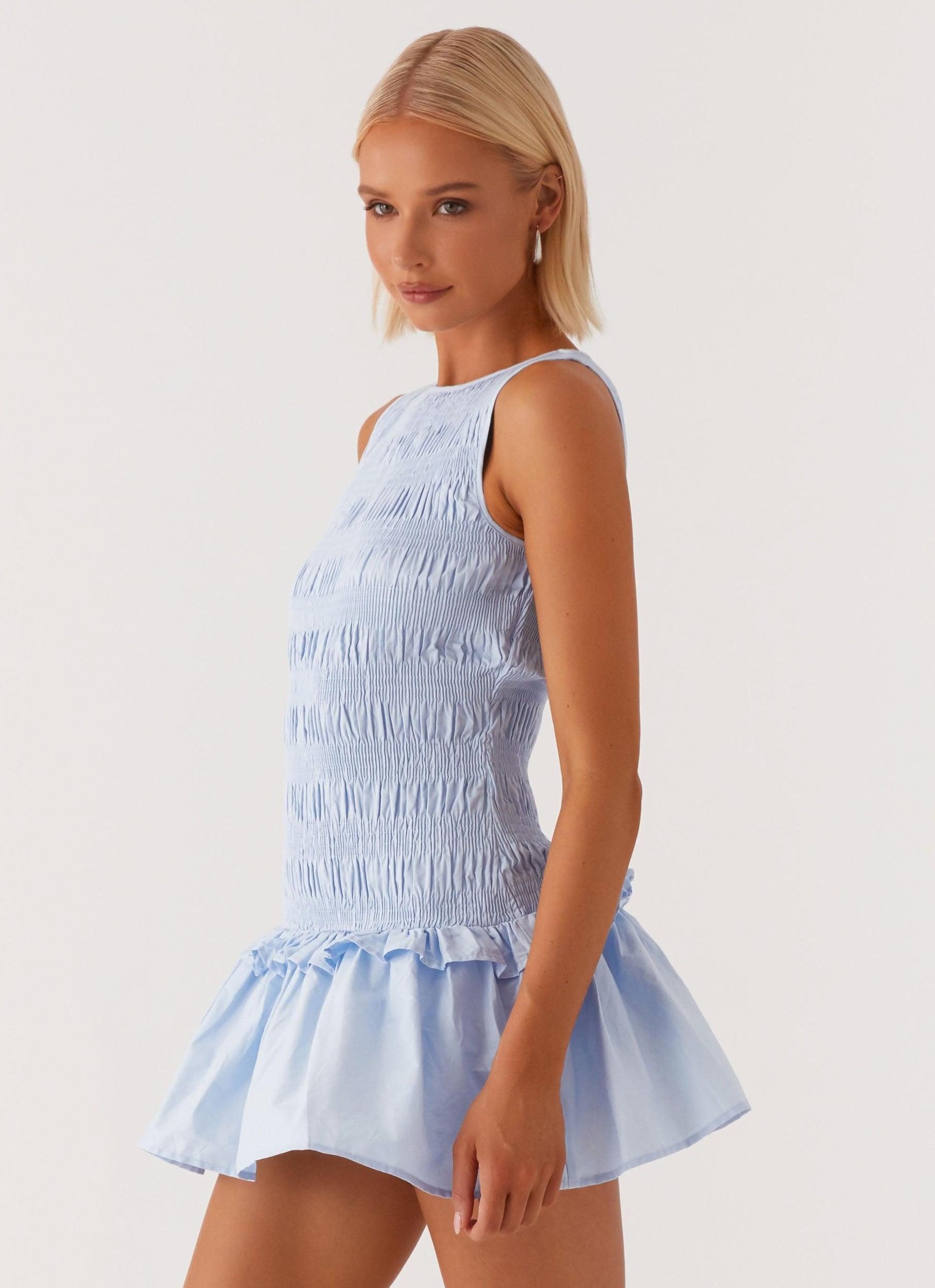 Garden Kisses Shirred Mini Dress - Blue Product Image